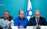 Prime Minister Benjamin Netanyahu, Defense Minister Moshe  Ya'alon  and IDF Chief of Staff Gadi Eisenkot speak at a joint press conference on the recent wave of terror, at the Prime Minister's Office in Jerusalem on October 8, 2015. (Yonatan Sindel/Flash90)