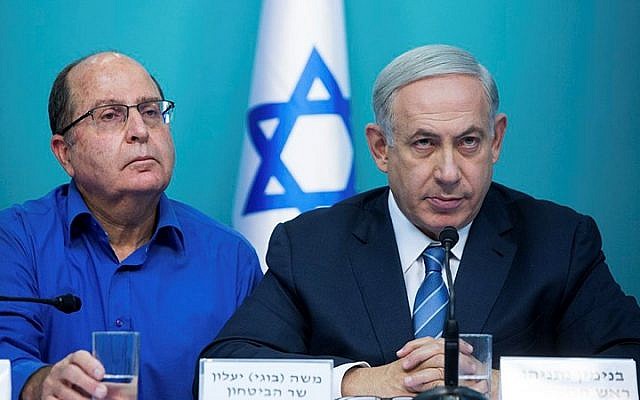 Prime Minister Benjamin Netanyahu (R) seen with Defense Minister Moshe Ya'alon during a press conference at the Prime Minister's Office in Jerusalem on October 8, 2015. (Yonatan Sindel/Flash90) Prime Minister Benjamin Netanyahu (R) seen with Defense Minister Moshe Ya'alon during a press conference at the Prime Minister's Office in Jerusalem on October 8, 2015. (Yonatan Sindel/Flash90)