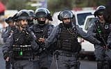 Israeli police at the scene where a stabbing attack took place in Damascus Gate in the Old City of Jerusalem on October 10, 2015, (Yonatan Sindel/Flash90)