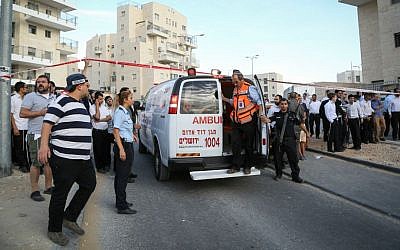 ILLUSTRATIVE: Israeli rescue services at the scene where two terrorists were shot by police after attempting to carry out a stabbing attack in Beit Shemesh on October 22, 2015. (Yaakov Lederman/Flash90)
