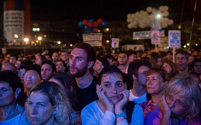 The crowd at the 20th anniversary rally marking Rabin‘s assassination on October 31, 2015, was overwhelmingly young, secular, and left-wing. (Miriam Alster/Flash90)