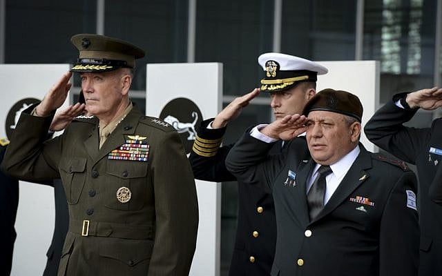 IDF Chief of Staff Gadi Eisenkot and US Chairman of the Joint Chiefs of Staff Joseph Dunford salute during an honor guard ceremony at the IDF's headquarters in Tel Aviv on Oct. 18, 2015. (IDF Spokesperson's Unit) IDF Chief of Staff Gadi Eisenkot and US Chairman of the Joint Chiefs of Staff Joseph Dunford salute during an honor guard ceremony at the IDF's headquarters in Tel Aviv on Oct. 18, 2015. (IDF Spokesperson's Unit)