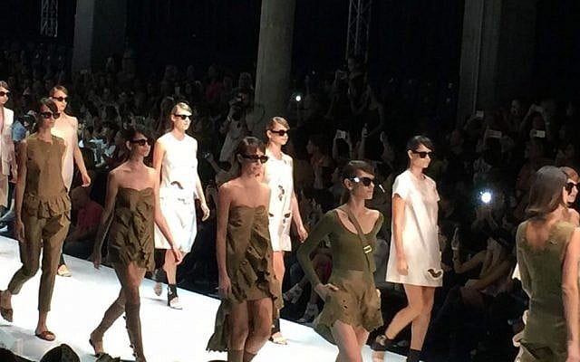The final runway walk of the Sample collection at Tel Aviv Fashion Week (Jessica Steinberg/Times of Israel) The final runway walk of the Sample collection at Tel Aviv Fashion Week (Jessica Steinberg/Times of Israel)