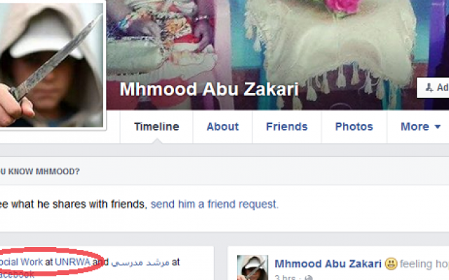 The Facebook profile of UNRWA employee Mahmood Abu Zakari, showing his profile picture of a knife-brandishing youth. (Courtesy UN Watch) The Facebook profile of UNRWA employee Mahmood Abu Zakari, showing his profile picture of a knife-brandishing youth. (Courtesy UN Watch)