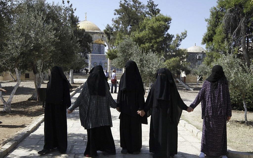 In this Thursday, July 28, 2015 photo, Palestinian female activists form a chain to prevent a group of religious Jews from coming close to the Dome of the Rock at the Temple Mount in Jerusalem. (AP/Mahmoud Illean)