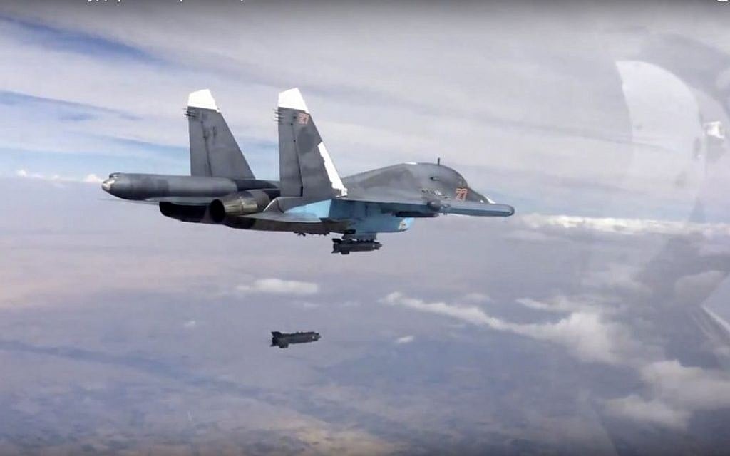 Screen capture of a bomb being released from a Russian Su-34 strike fighter in Syria, taken from footage made available on the Russian Defense Ministry official website, October 9, 2015. (Russian Defense Ministry Press Service/AP, File)