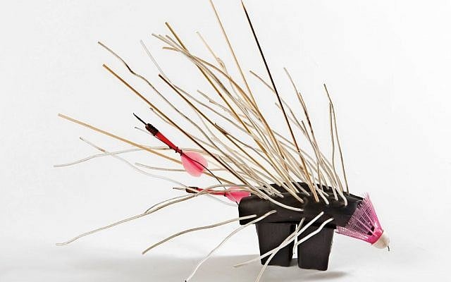Navah de-Shalit's badminton birdie porcupine, one of the pieces in her exhibit, 'Ironic Nature' (Jessica Steinberg/Times of Israel) Navah de-Shalit's badminton birdie porcupine, one of the pieces in her exhibit, 'Ironic Nature' (Jessica Steinberg/Times of Israel)