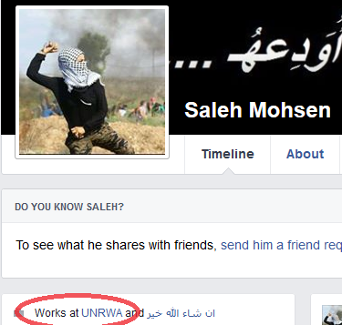 Saleh Mohsen, who identifies as an UNRWA employee, changed his profile picture recently to that of a Palestinian rock thrower. (Courtesy UN Watch) Saleh Mohsen, who identifies as an UNRWA employee, changed his profile picture recently to that of a Palestinian rock thrower. (Courtesy UN Watch)