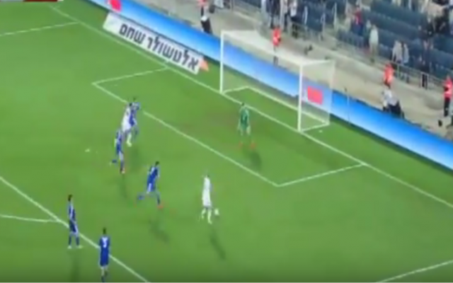 Jason Demetriou fires home the winning goal for Cyprus in its 2-1 defeat of Israel at Teddy Stadium, October 10, 2015 (YouTube screenshot) Jason Demetriou fires home the winning goal for Cyprus in its 2-1 defeat of Israel at Teddy Stadium, October 10, 2015 (YouTube screenshot)