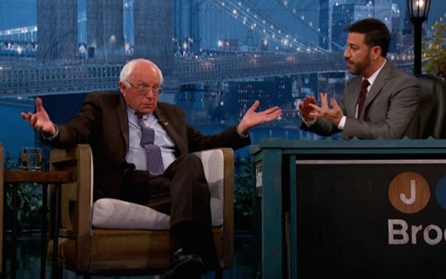 Democratic presidential hopeful Bernie Sanders on 'Jimmy Kimmel Live!' on October 21, 2015. (screen capture: YouTube) Democratic presidential hopeful Bernie Sanders on 'Jimmy Kimmel Live!' on October 21, 2015. (screen capture: YouTube)
