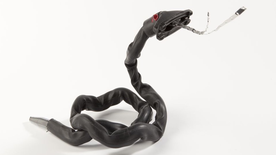 A snake made from a vacuum cleaner part, a bicycle inner tub and a tongue made from the serrated cutting edge of a tinfoil box (Courtesy Navah xx) A snake made from a vacuum cleaner part, a bicycle inner tub and a tongue made from the serrated cutting edge of a tinfoil box (Courtesy Navah xx)