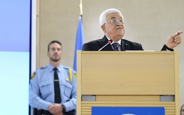 Palestinian Authority President Mahmoud Abbas addresses the UN Human Rights Council at the European headquarters of the United Nations, in Geneva, Switzerland, October 28, 2015. (Martial Trezzini/Keystone via AP, File)