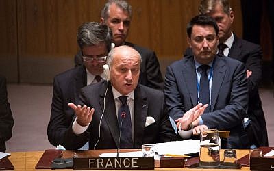 France's Foreign Minister Laurent Fabius speaks during a United Nations Security Council meeting at the United Nations headquarters, September 30, 2015. (AP/Kevin Hagen)
