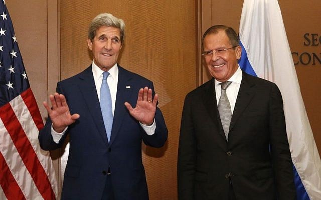 US Secretary of State John Kerry, left, meets with Russia's Foreign Minister Sergey Lavrov at U.N. headquarters, Wednesday, Sept. 30, 2015. (Photo by AP Photo/Jason DeCrow)