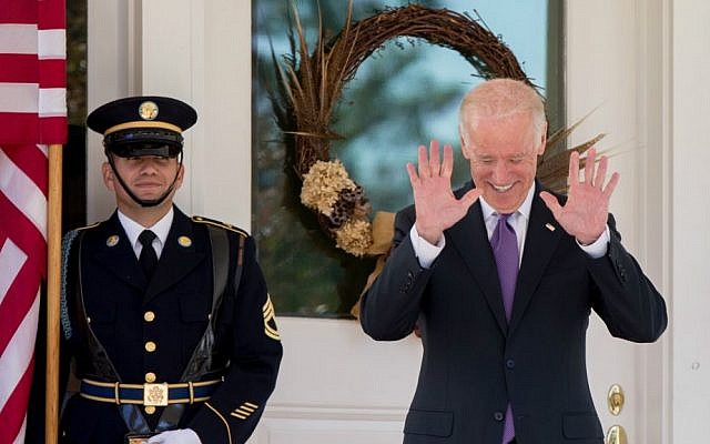 Vice President Joe Biden reacts to questions about his potential run for president by members of the media as he waits for South Korean President Park Geun-hye to arrive for lunch at the Naval Observatory, Thursday, Oct. 15, 2015, in Washington. (AP Photo/Andrew Harnik)