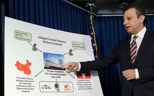 US Attorney Preet Bharara announces an indictment against six individuals over an alleged bribery scheme at the UN, during a news conference, Tuesday, Oct. 6, 2015 in New York. (AP Photo/Mark Lennihan)