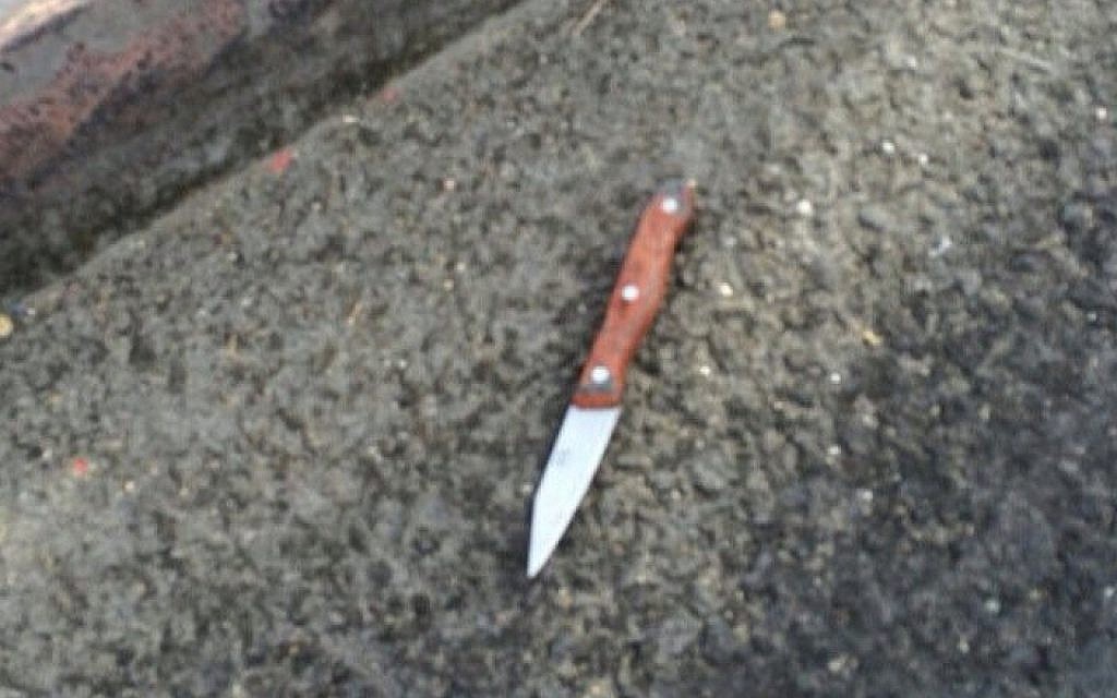 The knife used to stab an Israeli in a Palestinian attack near Ariel in the West Bank on Sunday, October 25, 2015 (Israel Police)