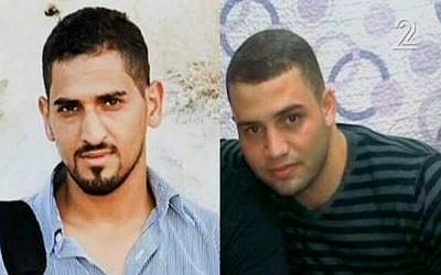 Undated pictures showing Baha Allyan, left, and Bilal Riman, the attackers in the Jerusalem bus shooting/stabbing of October 13, 2015, according to Israeli press reports. (Screen capture: Channel 2) 