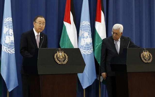 United Nations chief Ban Ki-moon (L) holds a press conference with Palestinian Authority President Mahmoud Abbas in the West Bank city of Ramallah, on October 21, 2015 (AFP/ ABBAS MOMANI) United Nations chief Ban Ki-moon (L) holds a press conference with Palestinian Authority President Mahmoud Abbas in the West Bank city of Ramallah, on October 21, 2015 (AFP/ ABBAS MOMANI)