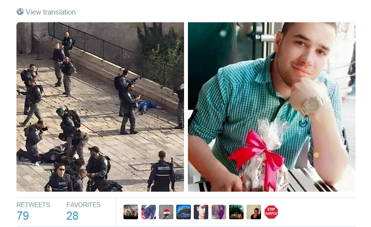 A Tweet that reads 'The shahid (martyr) Muhammad Saed Ali fought policemen from the soldiers of the occupation near the gates of occupied al-Aqsa Mosque this afternoon before he was martyred by the bullets of the soldiers.'