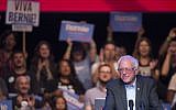 Democratic presidential candidate Sen. Bernie Sanders speaking at a fundraising reception in Los Angeles, California, on October 14, 2015. (David McNew/Getty Images/via JTA)