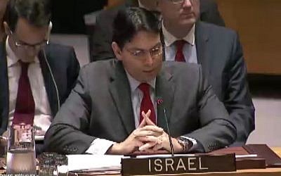 Ambassador Danny Danon speaking at the UN Security Council on October 22, 2015. (Screen capture: UNTV)