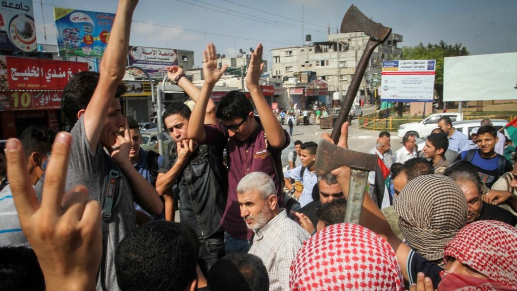 Palestinians take part in an anti-Israel protest in the southern Gaza Strip town of Rafah on October 13, 2015 (Abed Rahim Khatib/Flash90) Palestinians take part in an anti-Israel protest in the southern Gaza Strip town of Rafah on October 13, 2015 (Abed Rahim Khatib/Flash90)