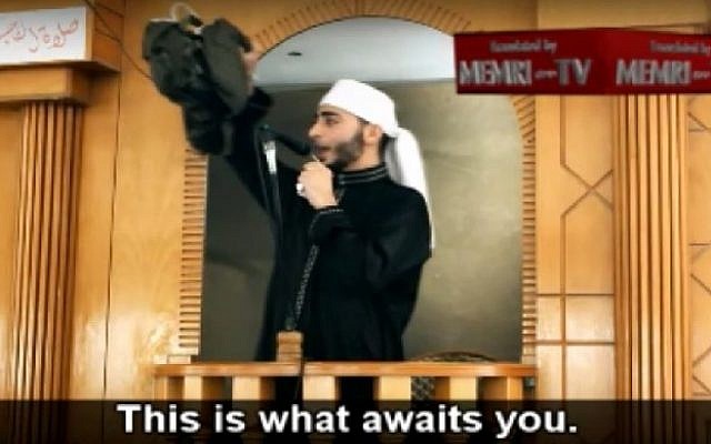 A Gaza preacher waves a suicide belt during a Friday sermon, on October 23, 2015. (Screenshot/MEMRI) A Gaza preacher waves a suicide belt during a Friday sermon, on October 23, 2015. (Screenshot/MEMRI)