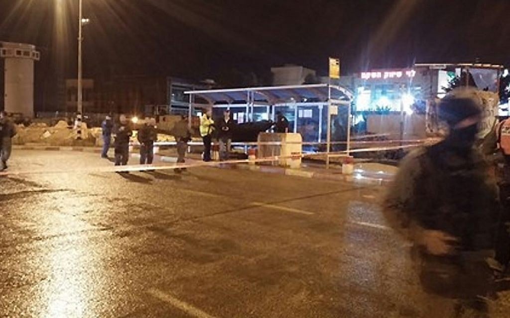 Israeli security forces attend the scene of stabbing attack at a bus stop at the Gush Etzion settlement bloc in the West Bank, on October 27, 2015 (photo courtesy of Gush Etzion Regional Council) Israeli security forces attend the scene of stabbing attack at a bus stop at the Gush Etzion settlement bloc in the West Bank, on October 27, 2015 (photo courtesy of Gush Etzion Regional Council)