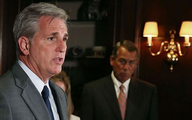 House Majority Leader Kevin McCarthy, R-California, speaking at Republican Party headquarters in Washington, DC, July 22, 2015. (Mark Wilson/Getty Images/via JTA) House Majority Leader Kevin McCarthy, R-California, speaking at Republican Party headquarters in Washington, DC, July 22, 2015. (Mark Wilson/Getty Images/via JTA)