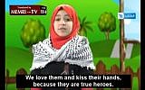 The host of a Palestinian kids' TV show praises Palestinian attackers as "young heroes" in October 2015 (Screen capture: MEMRI)