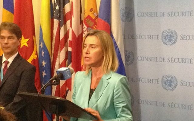 EU foreign policy chief Federica Mogherini addressing reporters the UN, September 30, 2015. (Raphael Ahren)