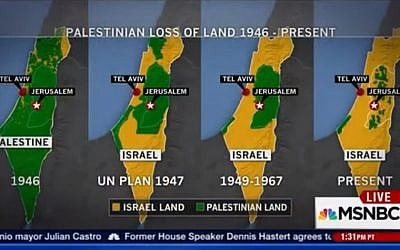 Screenshot of maps labled "Palestine" displayed during MSNBC coverage of ongoing unrest in Israel, October 15, 2015 (YouTube)