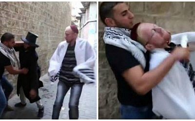 Screenshots from a terror-promoting video posted to YouTube showing a Palestinian man stabbing two 'Jewish' characters in the Old City. October, 2015 (Screenshots/YouTube) Screenshots from a terror-promoting video posted to YouTube showing a Palestinian man stabbing two 'Jewish' characters in the Old City. October, 2015 (Screenshots/YouTube)