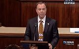 Congressman Adam Schiff prepares to sing on the House floor on October 23, 2015, after losing a sports bet to colleague Steve Israel. (screen capture: YouTube)