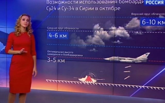 A Russian TV forecaster gave a bizarre weather report on October 3, 2015 that indicated conditions were 'great' for bombings in Syria. (Screenshot/YouTube) A Russian TV forecaster gave a bizarre weather report on October 3, 2015 that indicated conditions were 'great' for bombings in Syria. (Screenshot/YouTube)