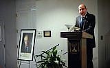 Defense Minister Moshe Ya'alon during a speech at a memorial event in Washington DC to mark the 20th anniversary of the late prime minister Yitzhak Rabin's assassination, October 26, 2015 (Ariel Hermoni/Defense Ministry)