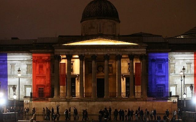 London's National Gallery is illuminated in blue, white and red lights, resembling the colors of the French national flag, in London on November 14, 2015, as Britons express their solidarity with France following a spate of coordinated attacks that left 129 dead in Paris on November 13. (Justin Tallis/AFP) London's National Gallery is illuminated in blue, white and red lights, resembling the colors of the French national flag, in London on November 14, 2015, as Britons express their solidarity with France following a spate of coordinated attacks that left 129 dead in Paris on November 13. (Justin Tallis/AFP)