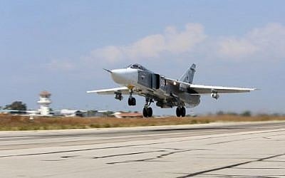 A Russian Sukhoi Su-24 bomber taking off from the Hmeimim airbase in the Syrian province of Latakia. (AFP Photo/Kosomolskaya Pravda/Alexander Kots)