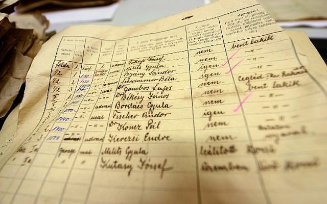 A document with names dating from 1944 that is part of around 6,300 census forms of Budapest's then Jewish population is pictured at Budapest City Archives in Budapest on November 12, 2015. (AFP PHOTO/ATTILA KISBENEDEK) A document with names dating from 1944 that is part of around 6,300 census forms of Budapest's then Jewish population is pictured at Budapest City Archives in Budapest on November 12, 2015. (AFP PHOTO/ATTILA KISBENEDEK)