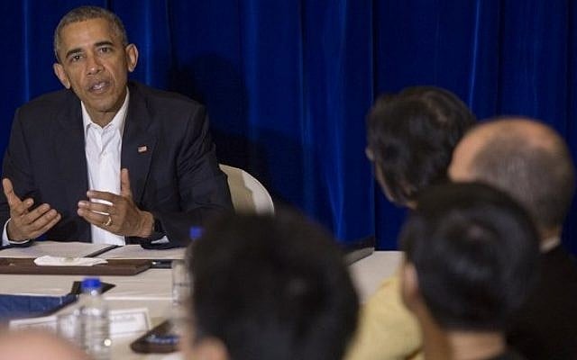 US President Barack Obama speaks during a meeting with representatives from civil society organizations during a visit to Kuala Lumpur on November 21, 2015, on the sidelines of the Association of Southeast Asian Nations Summit. (AFP/Saul Loeb) US President Barack Obama speaks during a meeting with representatives from civil society organizations during a visit to Kuala Lumpur on November 21, 2015, on the sidelines of the Association of Southeast Asian Nations Summit. (AFP/Saul Loeb)