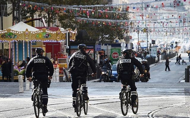 French police officers patrol on bike at the Canebiere in Marseille, on November 14, 2015. (AFP/ANNE-CHRISTINE POUJOULAT) French police officers patrol on bike at the Canebiere in Marseille, on November 14, 2015. (AFP/ANNE-CHRISTINE POUJOULAT)