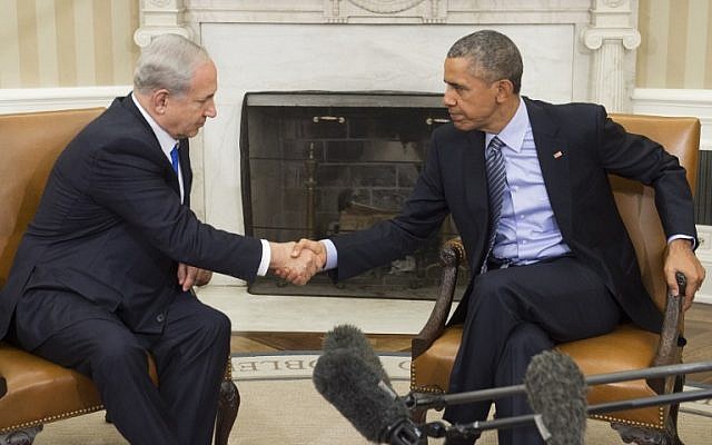 US President Barack Obama (right) and Prime Minister Benjamin Netanyahu shake hands during a meeting in the Oval Office of the White House in Washington, DC, November 9, 2015. (AFP/Saul Loeb) US President Barack Obama (right) and Prime Minister Benjamin Netanyahu shake hands during a meeting in the Oval Office of the White House in Washington, DC, November 9, 2015. (AFP/Saul Loeb)