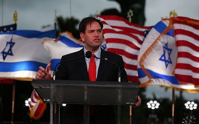 Sen. Marco Rubio (R-Florida) speaks during a Jewish community rally against anti-Semitism and anti-Israel activism, November 15, 2015 in Miami Beach, Florida. (Joe Raedle/Getty Images/AFP) Sen. Marco Rubio (R-Florida) speaks during a Jewish community rally against anti-Semitism and anti-Israel activism, November 15, 2015 in Miami Beach, Florida. (Joe Raedle/Getty Images/AFP)