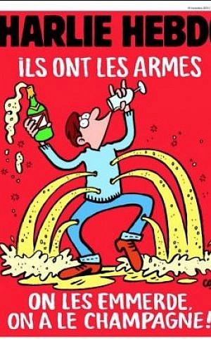 The cover of Charlie Hebdo published after the November 13 massacre in Paris. The caption reads: "They have weapons; screw them, we have champagne". (Screen capture)