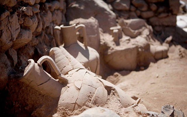 Some of the Greek amphorae found at Khirbet el-Eika in the eastern Galilee in 2015. (Courtesy: Uzi Leibner, The Hebrew University; Photo: Roi Sabar)