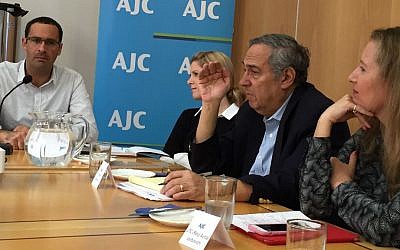 Israeli and American Jewish leaders exchange ideas at a charged session entitled, 'Legal Dimensions of Religious Pluralism in Israel' on November 12, 2015 at the American Jewish Committee's Jerusalem office. From left: Dr. Shuki Friedman, Deena Pulitzer, Steven Bayme and Avital Leibovitz. (Amanda Borschel-Dan/The Times of Israel)