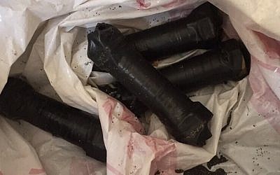 Illustrative. Pipe bombs uncovered by police in an East Jerusalem home on Tuesday, November 11, 2015. (Police spokesman) Illustrative. Pipe bombs uncovered by police in an East Jerusalem home on Tuesday, November 11, 2015. (Police spokesman)