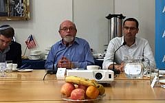 The guest experts at a discussion at the American Jewish Committee's office on November 12, 2015 called 'Legal Dimensions of Religious Pluralism in Israel.' From left to right: Rabbi Seth Farber, founder of ITIM; former Israeli ambassador Alan Baker; and Dr. Shuki Friedman, the director of the Center for Religion, Nation & State. (Amanda Borschel-Dan/The Times of Israel)