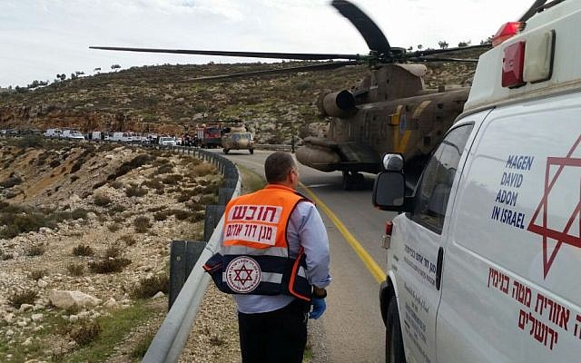 Illustrative: Victims of a bus accident are loaded into helicopters in order to get them to hospitals as quickly as possible near Kochav HaShachar in the West Bank on November 26, 2015. (Magen David Adom) Illustrative: Victims of a bus accident are loaded into helicopters in order to get them to hospitals as quickly as possible near Kochav HaShachar in the West Bank on November 26, 2015. (Magen David Adom)